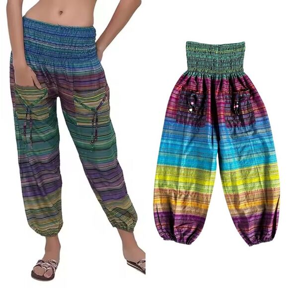 EUC High Waisted Colorful Cotton Ombre Stripe Boho Hippie Granola Girl Pants XS - Picture 12 of 12